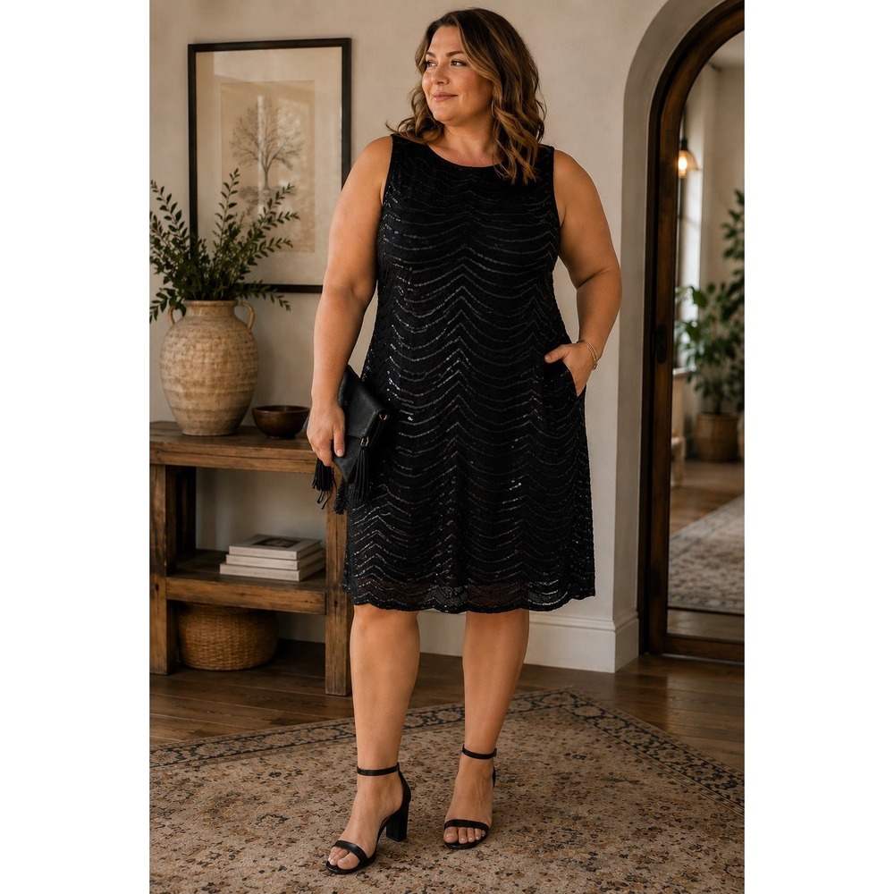 VTG Anabelle Black Sequin Cocktail Dress Plus Sz 20/22 Sleeveless Gala Holiday